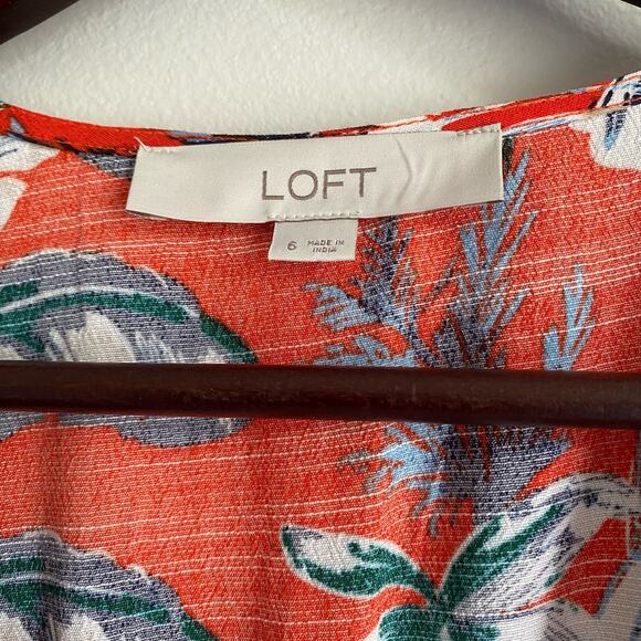 LOFT Womens Floral Short Capped Sleeve Button Down Dress with Belt in Red Size 6 - Picture 10 of 15